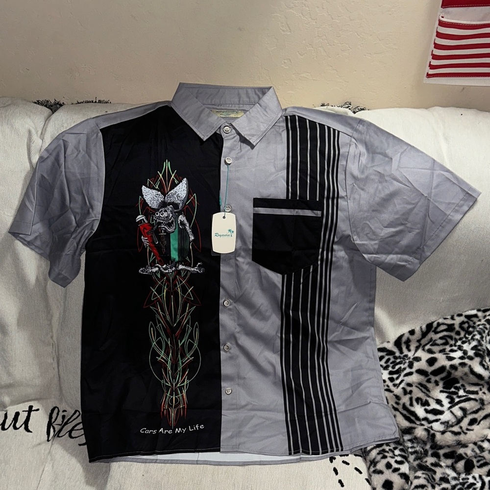 Royaura Hawaiian Large Gray and Black Short-Sleeve Button-Up Shirt New